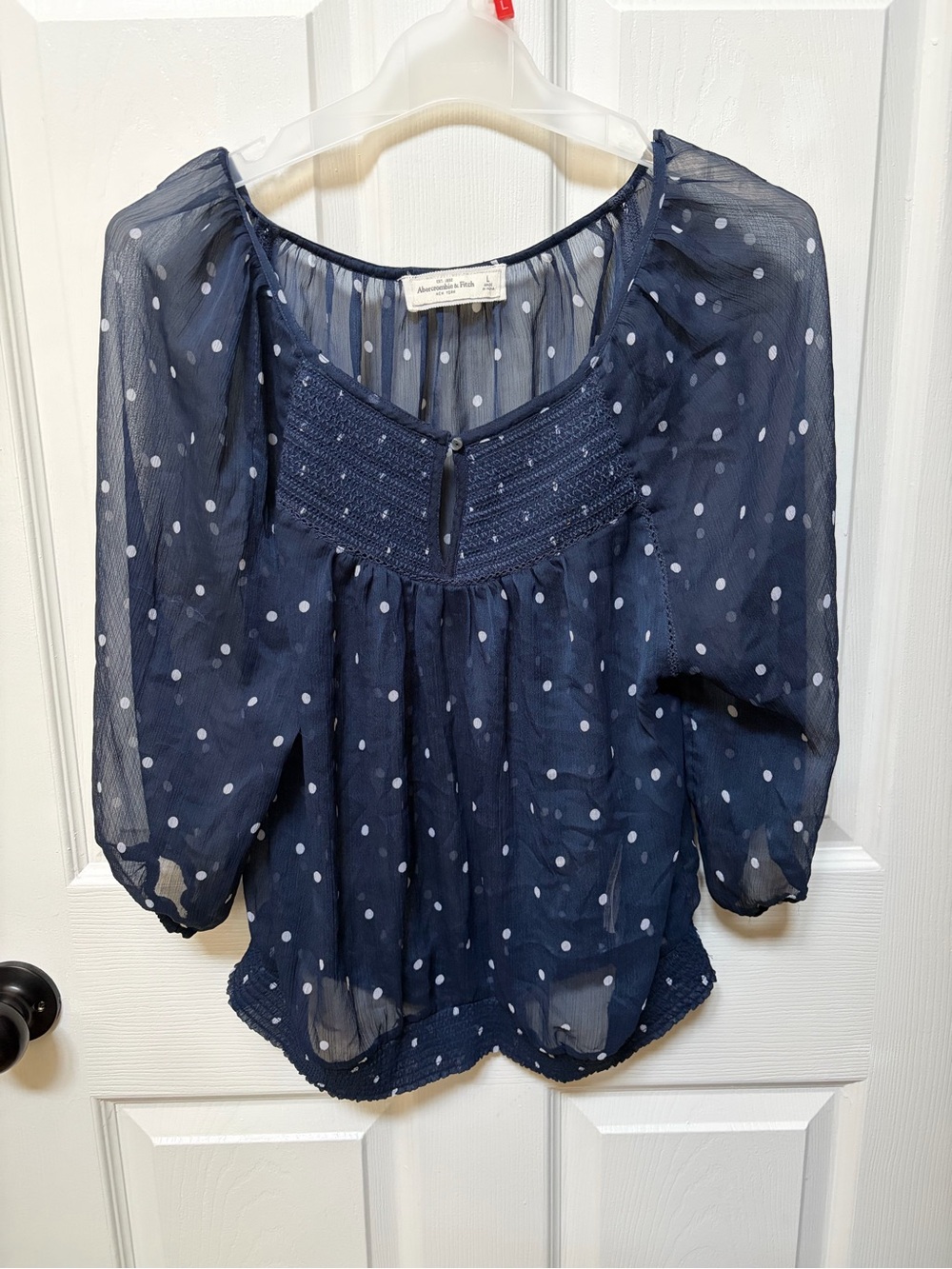 Abercrombie Navy Polka Dot Sheer Peasant Blouse